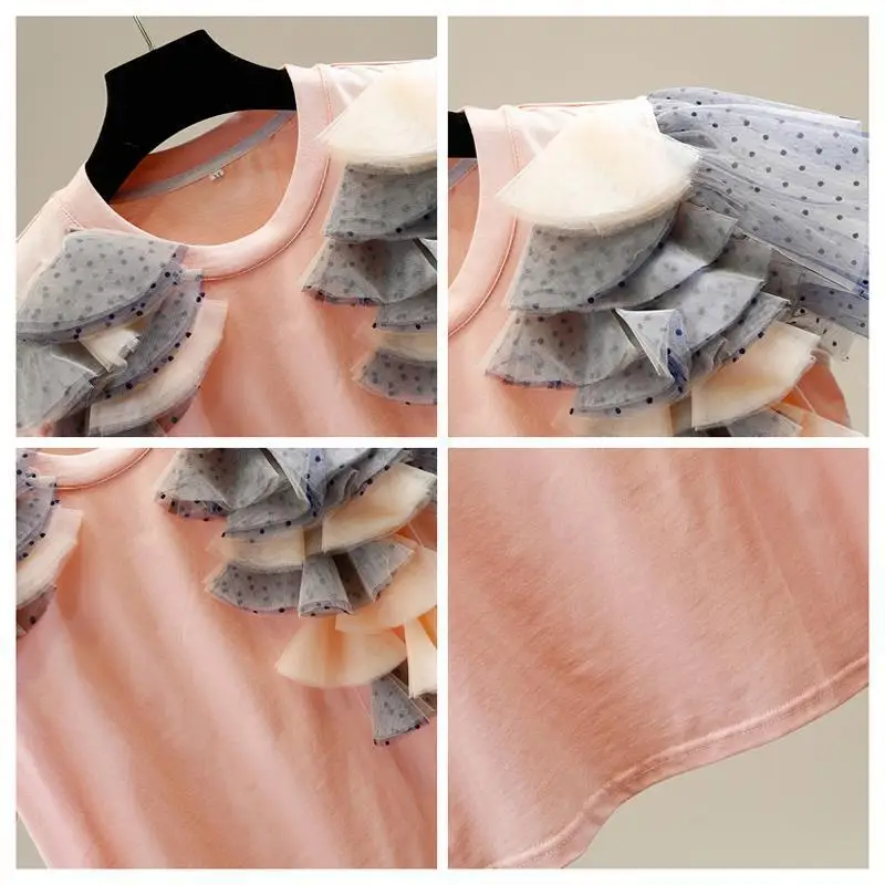 

2021 Spring and Summer New Fashion Polka Dot Mesh Patchwok Round Neck Short-Sleeved T-shirt Women's All-Match Tee Tops