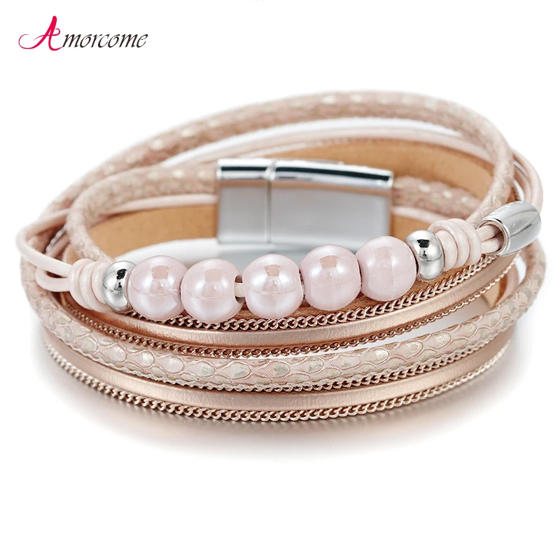 Amorcome Керамика бусины Кожаные браслеты для Для женщин модные Браслеты& Bangles, многослойные, в стиле бохо Обёрточная Бумага браслет женский ювелирные изделия