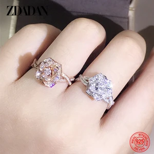 ZDADAN 925 Sterling Silver Rose Zircon Rings For Women Wedding Jewelry Charm Gift