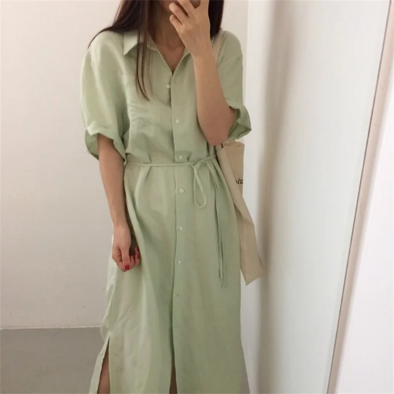 

Alien Kitty Elegant Party Sweet Office Lady 2021 Summer Gentle Retro Solid Loose Shirt Dress Women Chic Long Dresses Vestidos