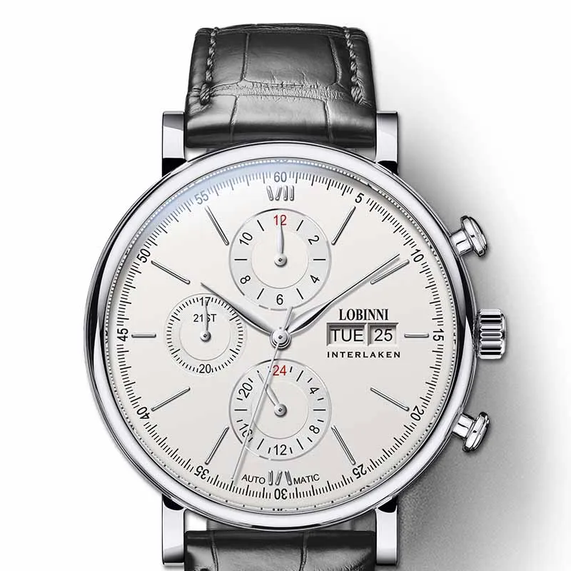 White Black Leather LOBINNI Элитный бренд, механические часы Мужские автоматические мужские часы 50 м Водонепроницаемые Мужские часы Мужские сапфировые 24 часа montre homme - Цвет: White Black Leather