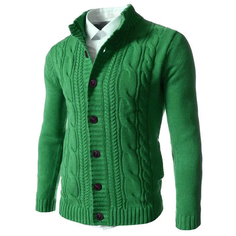 

Braided Cardigan Sweater Men Elastic Button Placket Mens Knitted Sweater Jacket Coat Stand Collar Winter Sweaters Pull Homme 3XL