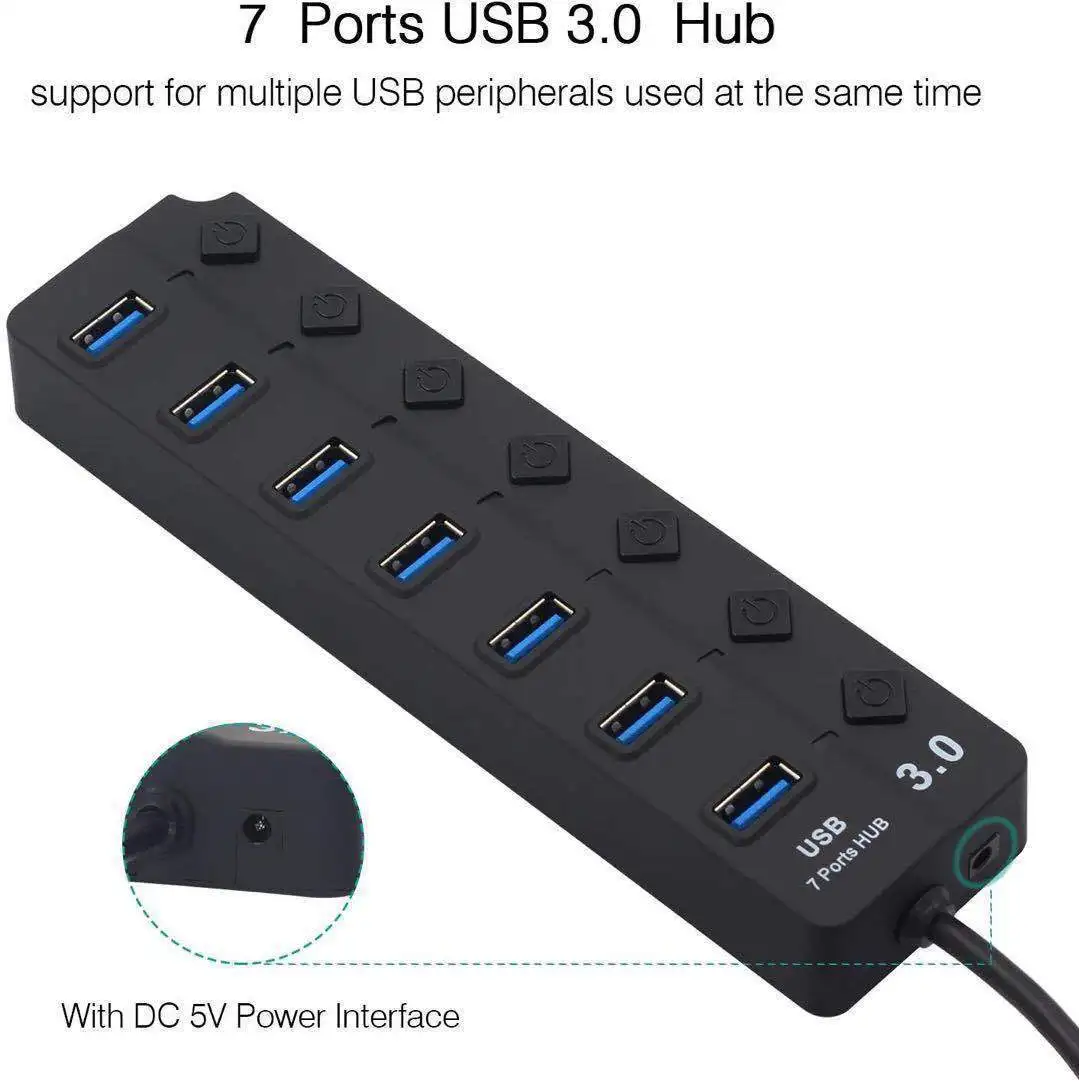 

USB Hub 3.0 High Speed 7 Port USB 3.0 Hub Splitter on/Off Switch with EU/US Power Adapter for MacBook Laptop PC