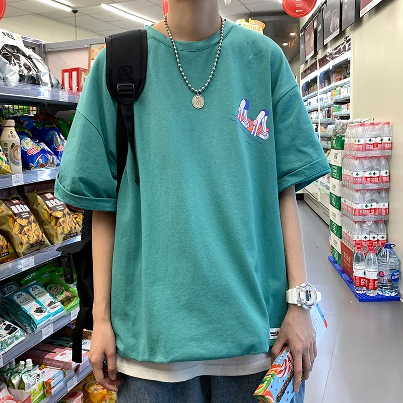 

Men T-shirt Tops Crew Neck Fitted Soft Anime Tee Solid Colors Cotton Casual Loose Streetwear Couple 2021 New Fashion Large Size