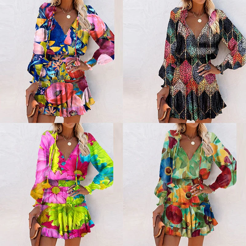 

European American Spring And Autumn Graffiti V-neck Long-sleeve Ruffle Dress Women Dress Femme Robe