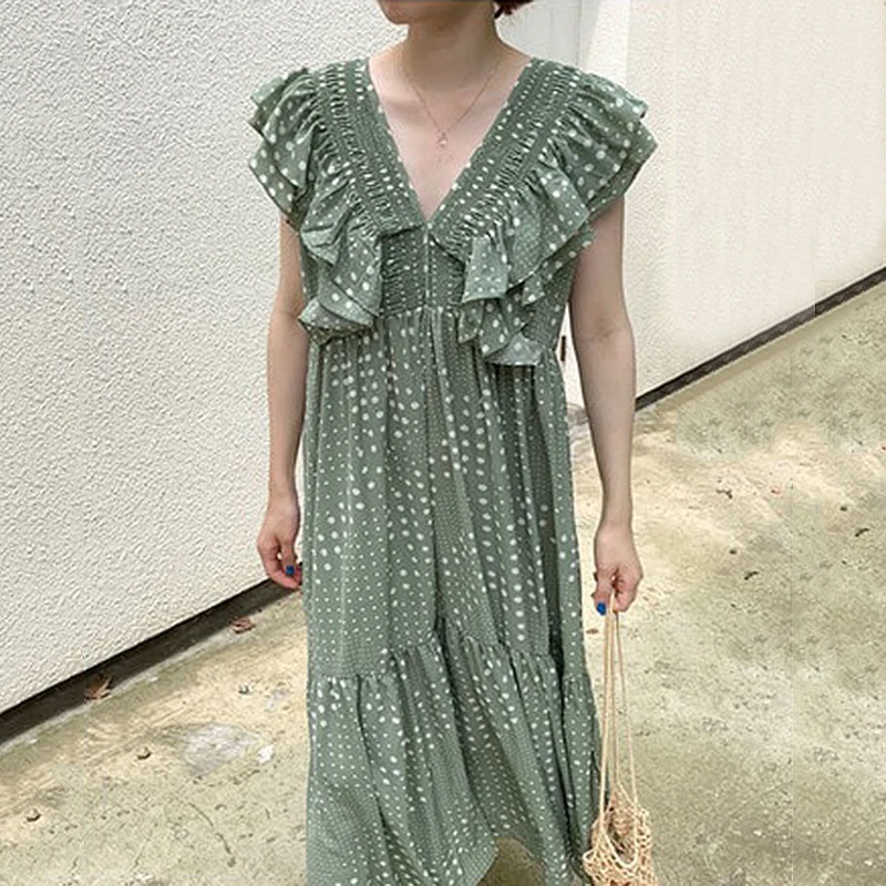 

Korejpaa Women Dress 2021 Summer Korean Chic Ladies Gentle Thin V-Neck Ruffle Stitching Loose Wavelet Dot Flying Sleeve Vestidos