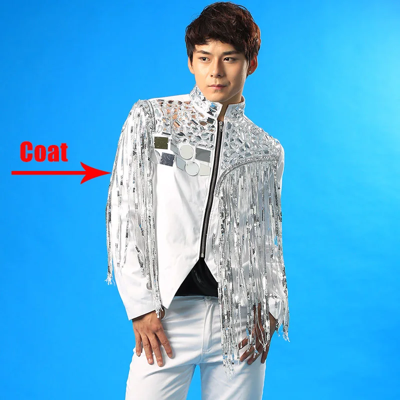 Long Sleeve Coat Новое зеркало высокого качества костюм для мужчин певцы сценическая одежда куртка с бахромой Мужская одежда для певцов в ночном клубе костюм BL2054 - Цвет: Long Sleeve Coat