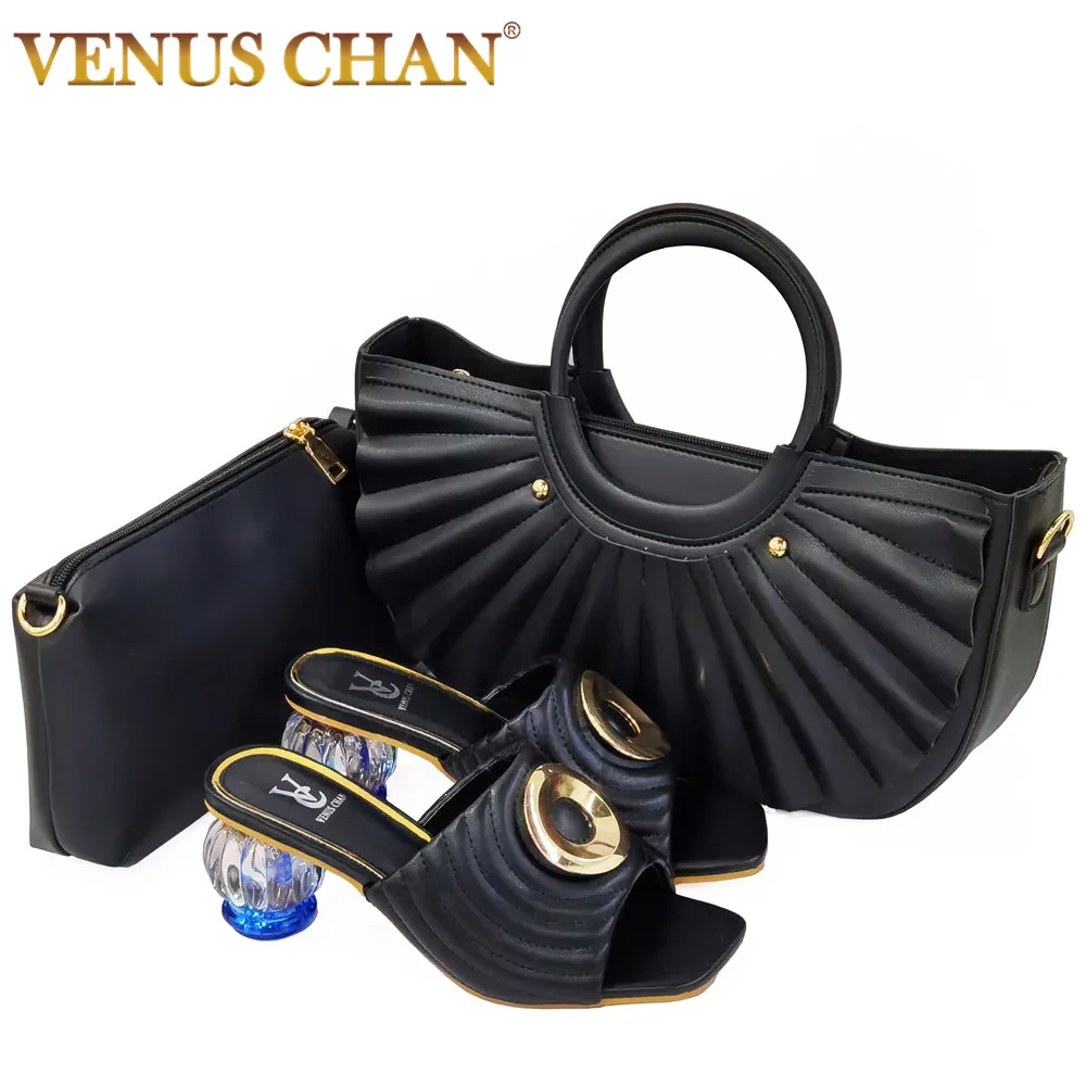 

2021 New Arrival Italian Design African Fashon Special Flower Style Decoration Party Ladies Shoes and Bag Set in Black Color