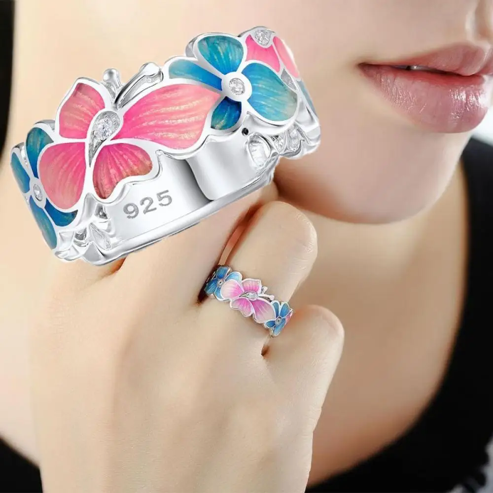 Женское кольцо с розовыми и синими цветами бабочками сексуальные украшения