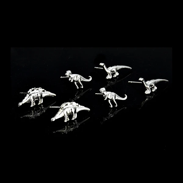 European and American retro earrings 3Pairs/set Gold Silver Dinosaur Earrings Cute Ear Stud earring Small Set Jewelry decoration - Metal Color: silver