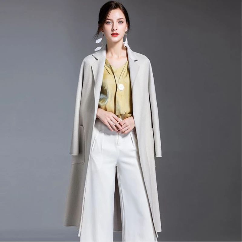 Женское кашемировое пальто зимнее выше колена свободное теплое шерстяное