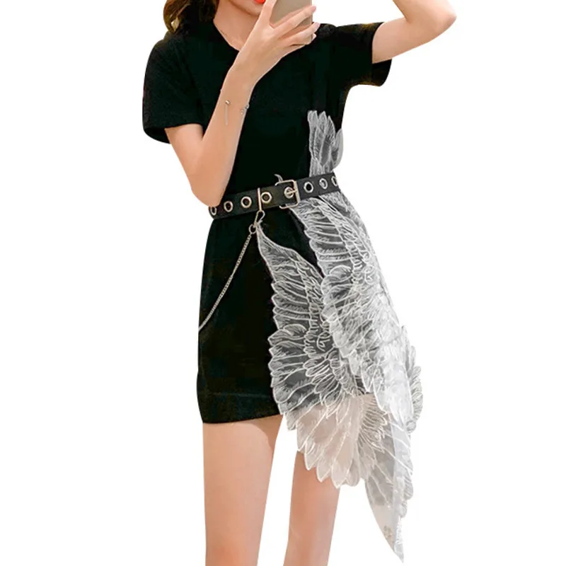 Женское асимметричное платье с поясом и цепочкой летнее черное рубашка коротким