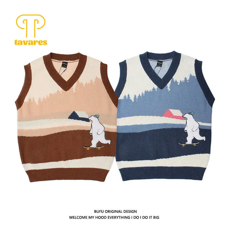 

TAVARES Sweaters Vests Autumn Winter Clothes Women V-Neck Knitwear Cute Bear Cartoon Knitted Sweater Vest Vintage Kawaii Top