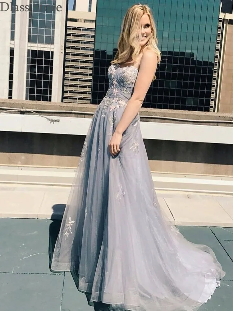 

Gray Evening Dress A-line Spaghetti Strap Applique Sweep Train Sweetheart Neck Backless Tulle Prom Dresses коктейльные платья