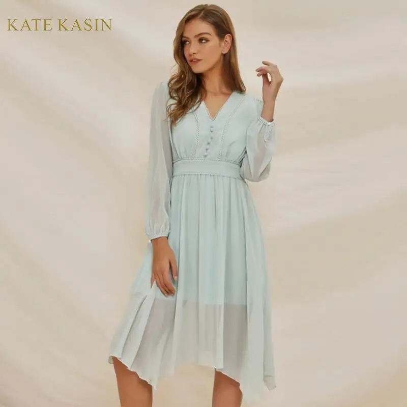 Kate Kasin модные женские туфли V образным вырезом Фонари голубого цвета с длинным