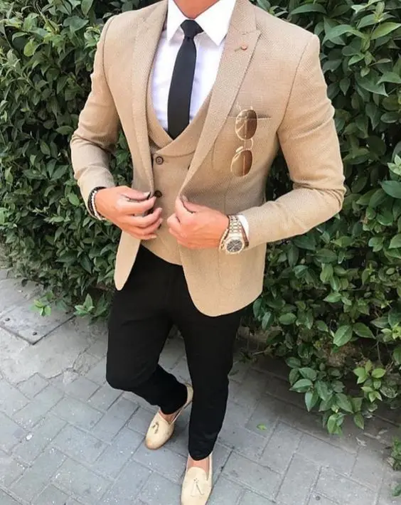 Custom Made Khaki Brown Men Suits Slim Fit Business Male Blazer Black Pants Casual Street Style Party Prom Suit Costume Homme | Мужская