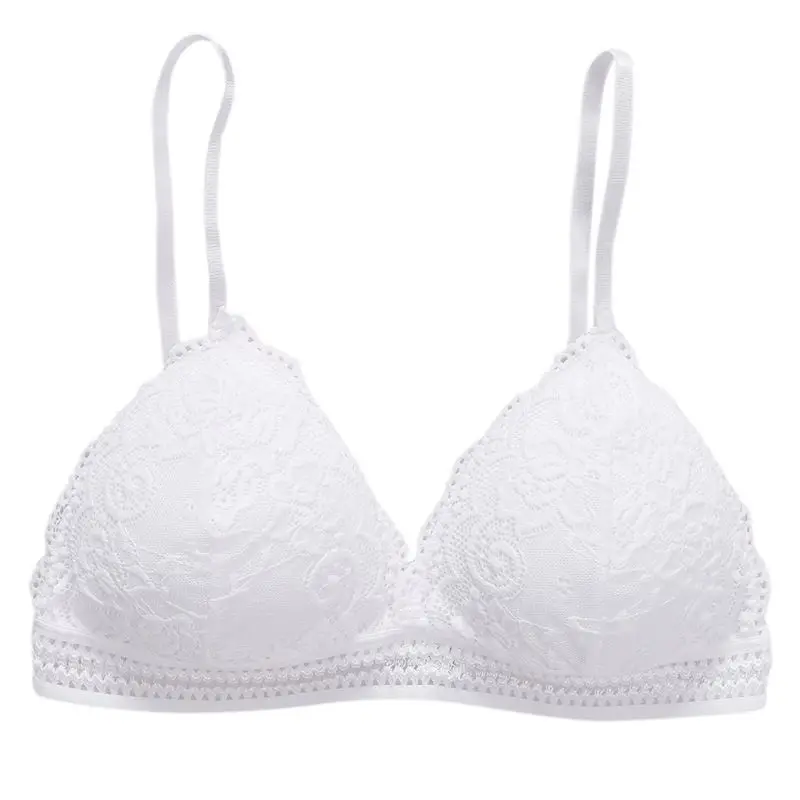 Women V Neck Floral Lace Triangle Bra Solid Color Hollow Out Elastic Trim Wireless 3/4 Cup Bralette Adjustable Strap Removable