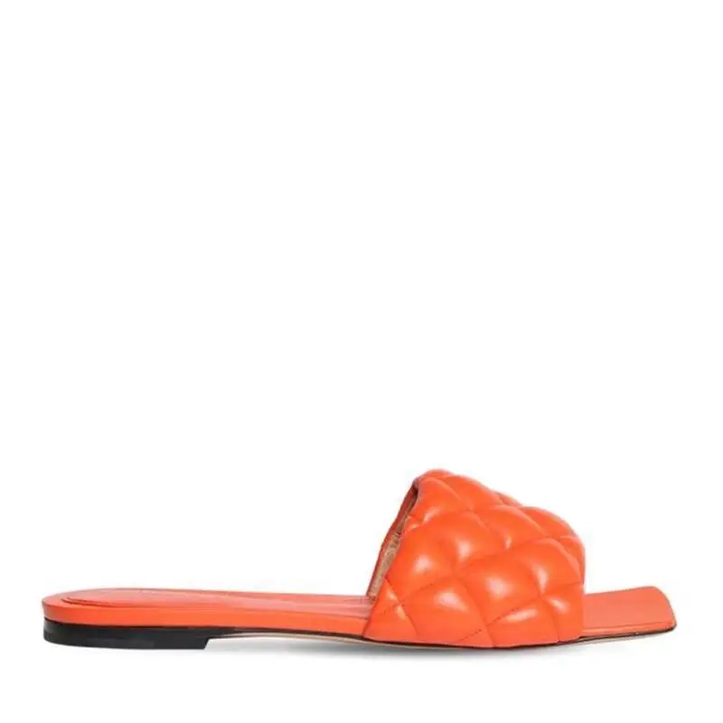 2020 Latest Summer Leather Slippers Women Square Toe Flat Slides Beach Flip Flops Ladies Slip On Mules Orange Black Sandals | Обувь