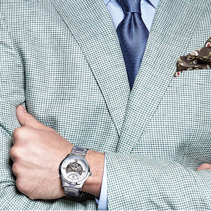 Часы Winner мужские серебристые стальные с римскими цифрами|Мужские механические