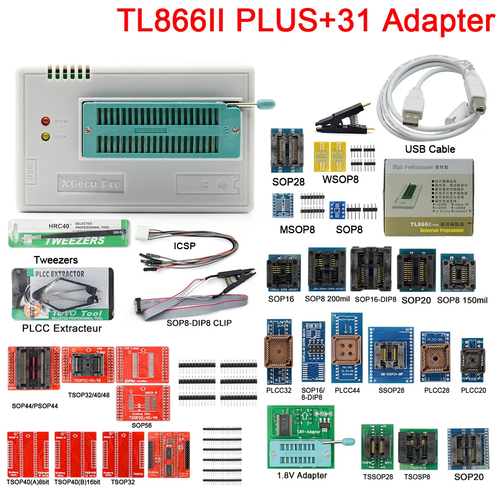 Программатор V10.8 TL866II Plus универсальный USB программатор nand flash AVR PIC Bios с 31 адаптером