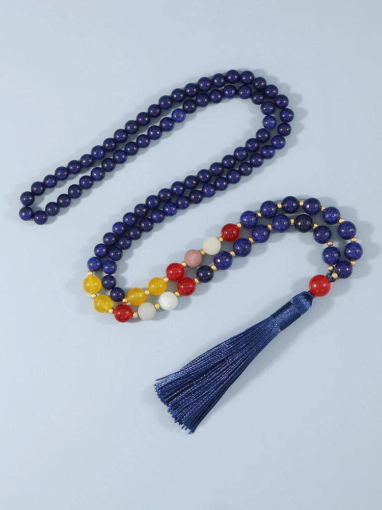 

YUOKIAA Japamala 108 Beaded Tassel Necklace Natural Stone Lapis Lazuli Mala Buddhism Rosary Boho Meditation Yoga Spirit Jewelry