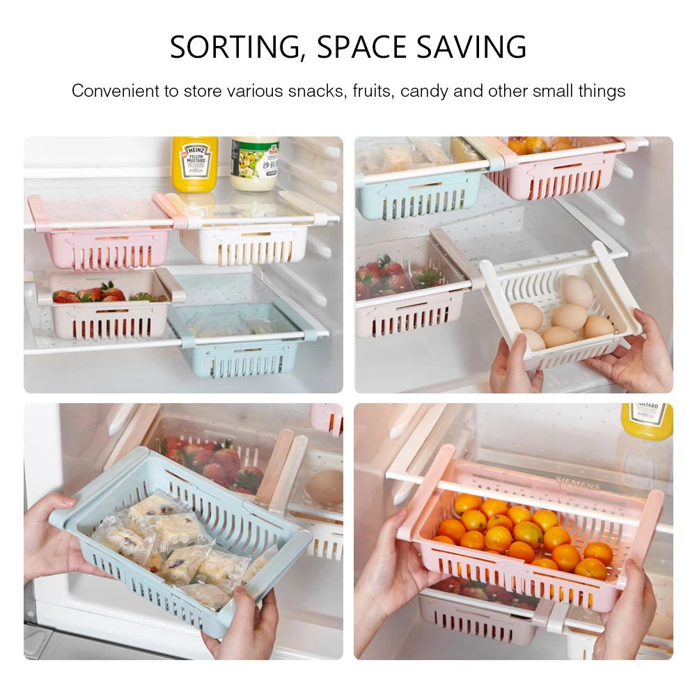 

Adjustable Stretchable Drawer Refrigerator Fresh Storage Layer Rack Holder Plastic Organizer Spacer Food Basket Fridge Pull-out