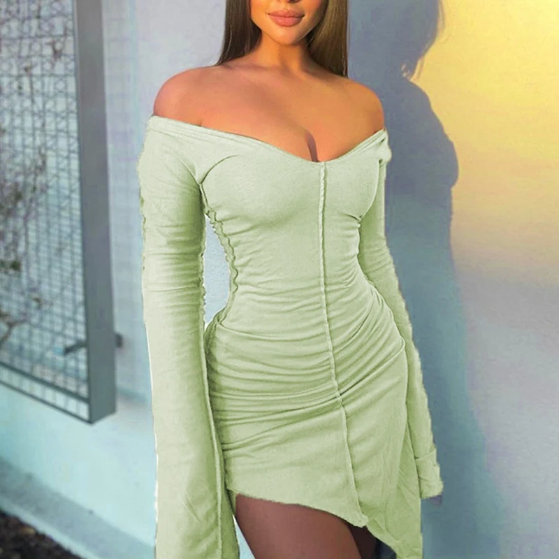 

Women's Fashion Sexy Flare Sleeve Low Cut Big Round Neck Slim Dress Green
