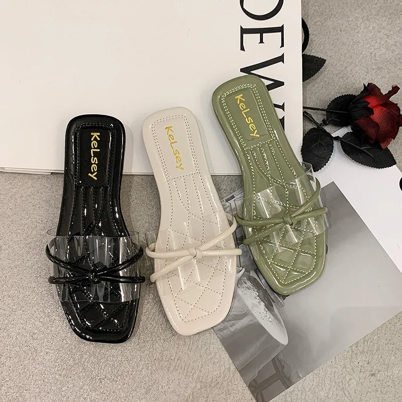 

Шлепанцы женские прозрачные на шнуровке, однотонная обувь с бантом, на плоской резиновой подошве, тапочки на плоской подошве, весна-лето