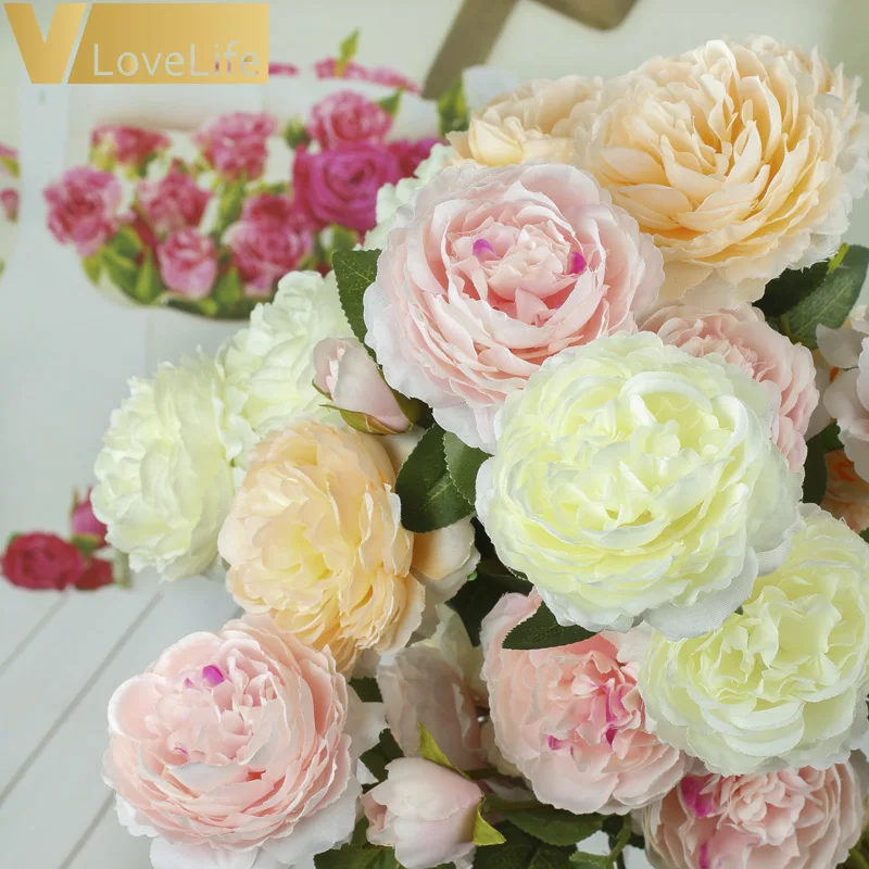 3 головки Искусственные цветы розы Букет шелковых цветок розового цвета и