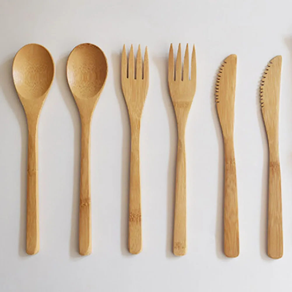 3Pcs/set Wood Portable Tableware Wooden Cutlery Sets Bamboo Fork Travel Dinnerware Suit Environmental Kitchen Tool Droshipping | Дом и сад