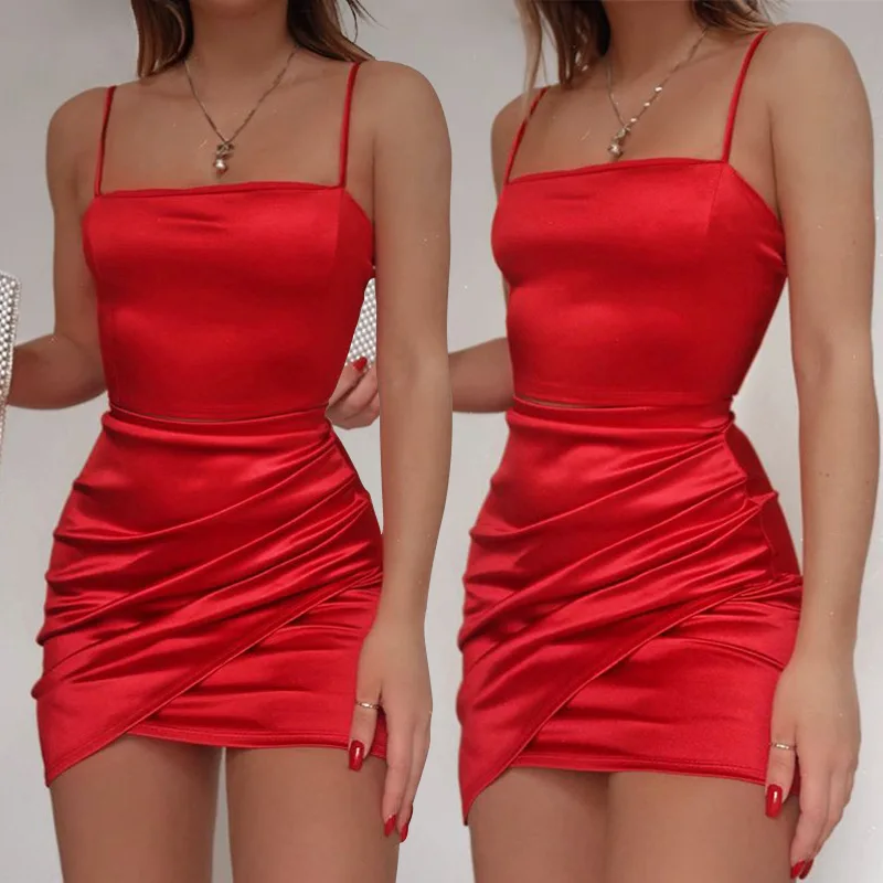 

SKMY 2021 Spring New Spaghetti Strap Dress Pleated Solid Color Red Satin Bodycon Short Dress Sexy Party Clubwear Women Clothing