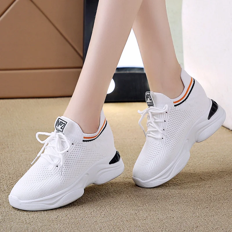 

Internal Increase Women's Shoes Mesh Shoes Ladies Breathable Leisure Sneakers Thick-soled Flying Woven Travel Platform Shoes