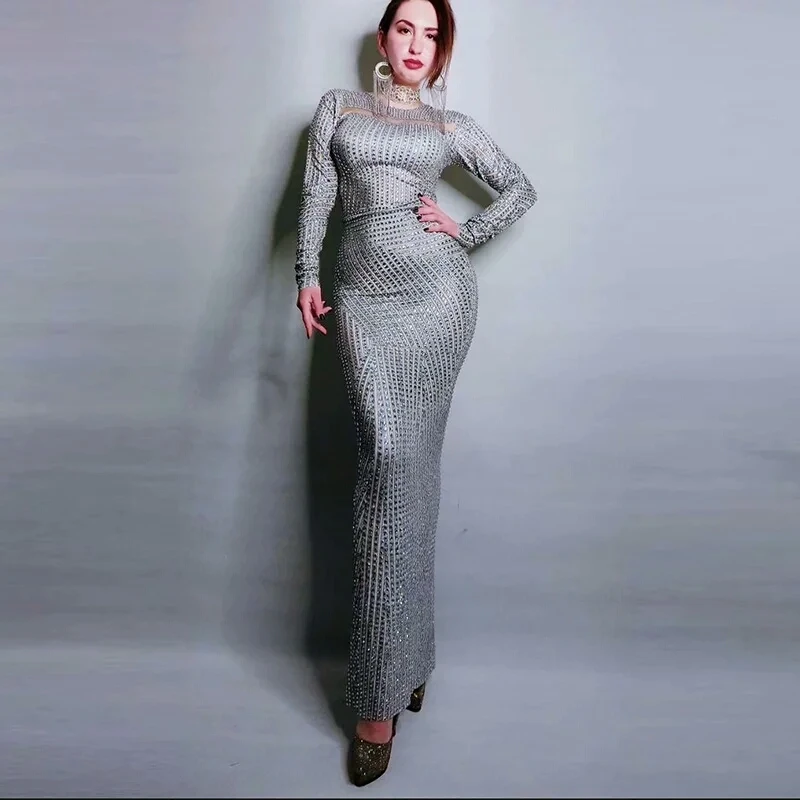 Luxury Full Glisten Silver Rhinestones Dress Women Sexy Singer Stage Wear Long Dresses Celebrate Outfit Party Club Costume | Тематическая