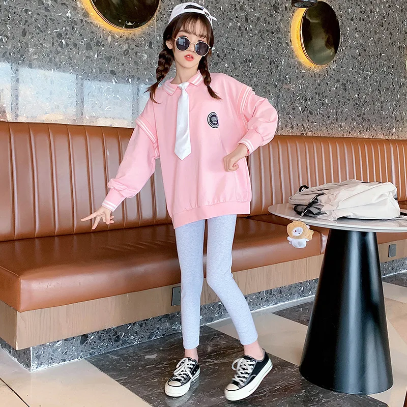 

2021 Autumn Teenager Kids Tracksuit Girls Clothes striped sailor loose tie Sweater hoodie + pants leggings 9 10 11 12 13 Years