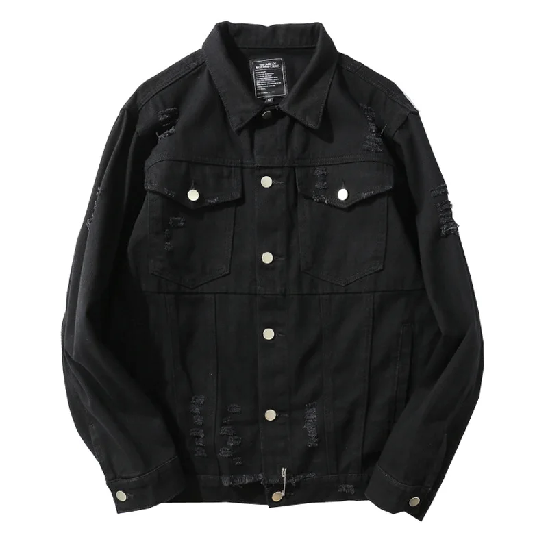 Мужская рваная джинсовая куртка KIOVNO плиссированная черного цвета потертая