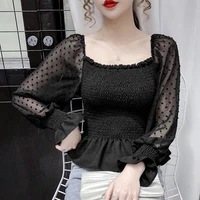korean style square neck blouses puff sleeve sexy tops slim solid long sleeve chiffon blouse women shirt