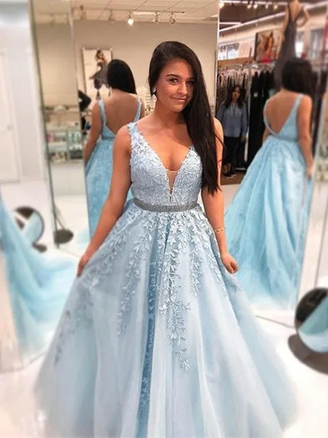 

Elegant Bbay Blue Long Prom Dresses 2019 High Quality Floor Length A Line Lace Appliqued Girls Graduation Dress Custom Made