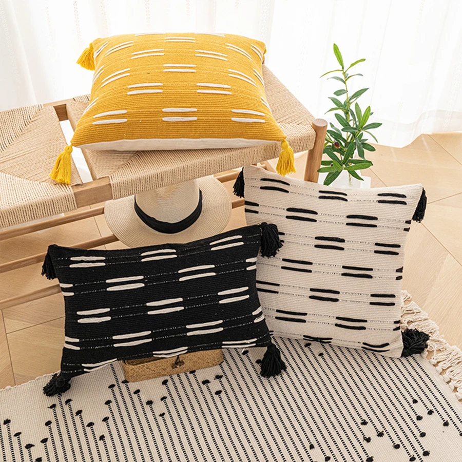 

Mustard Yellow Black Ivory cushion Cover Hand Emboridery Tassels Woven pillow cover for Home Boho decor Sofa Living Room 45x45cm