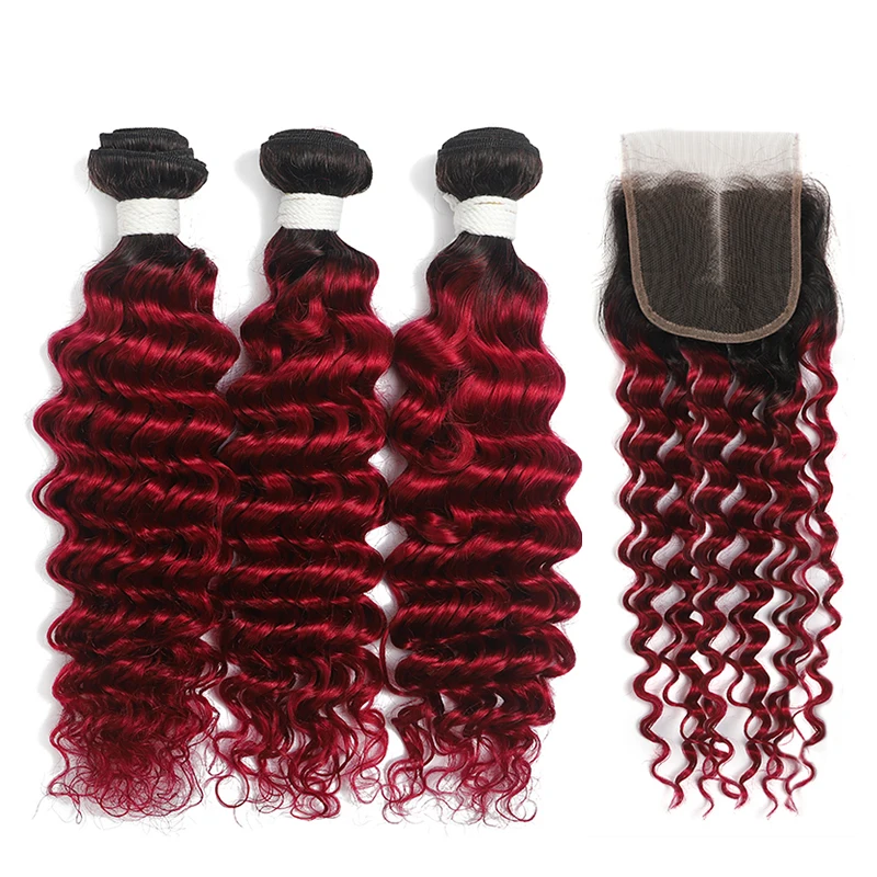 Глубокая волна Омбре пучки с закрытием 1B/Бург бразильские натуральные кудрявые
