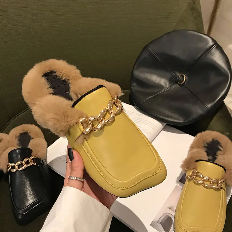 MONMOIRA Vintage Square Toe Faux Fur Flat Shoes Women Metal Chains Warm Winter Boots Slip on Designer E0826 |