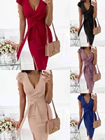 2021 summer solid color fashion v neck puff sleeve knee length elegant bag hip lace dress women