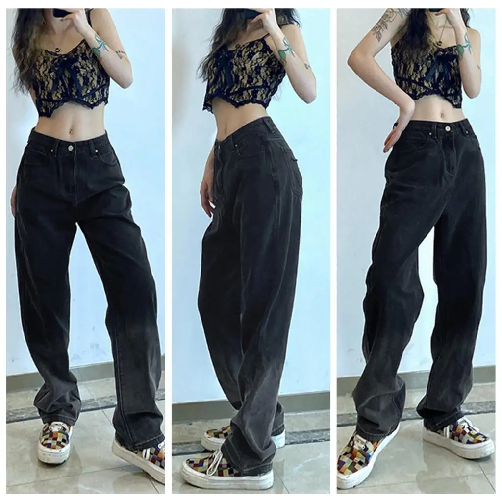 Nice Pop Women's Denim Pants, Middle-Waist Trousers, Gradient Color Party Dance Club Loose Fall Running Side Pocket Bottoms