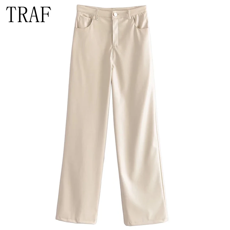 

Бежевые кожаные брюки TRAF Za 2021, женские Мешковатые брюки с высокой талией, женская уличная одежда, теплые зимние женские брюки из искусственн...