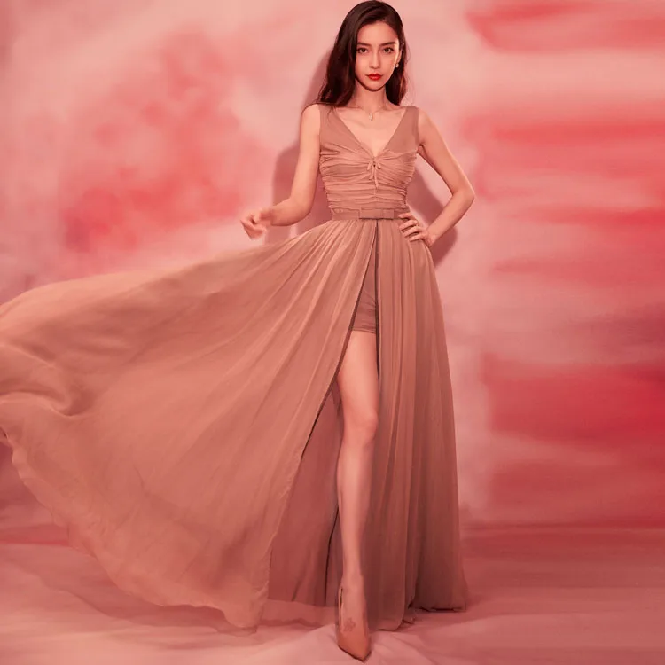 

High Quality 2 piece Dress Women Sleeveless Slim Playsuit + Front Split Long Skirt Runway Women Sets Maxi Party Dress