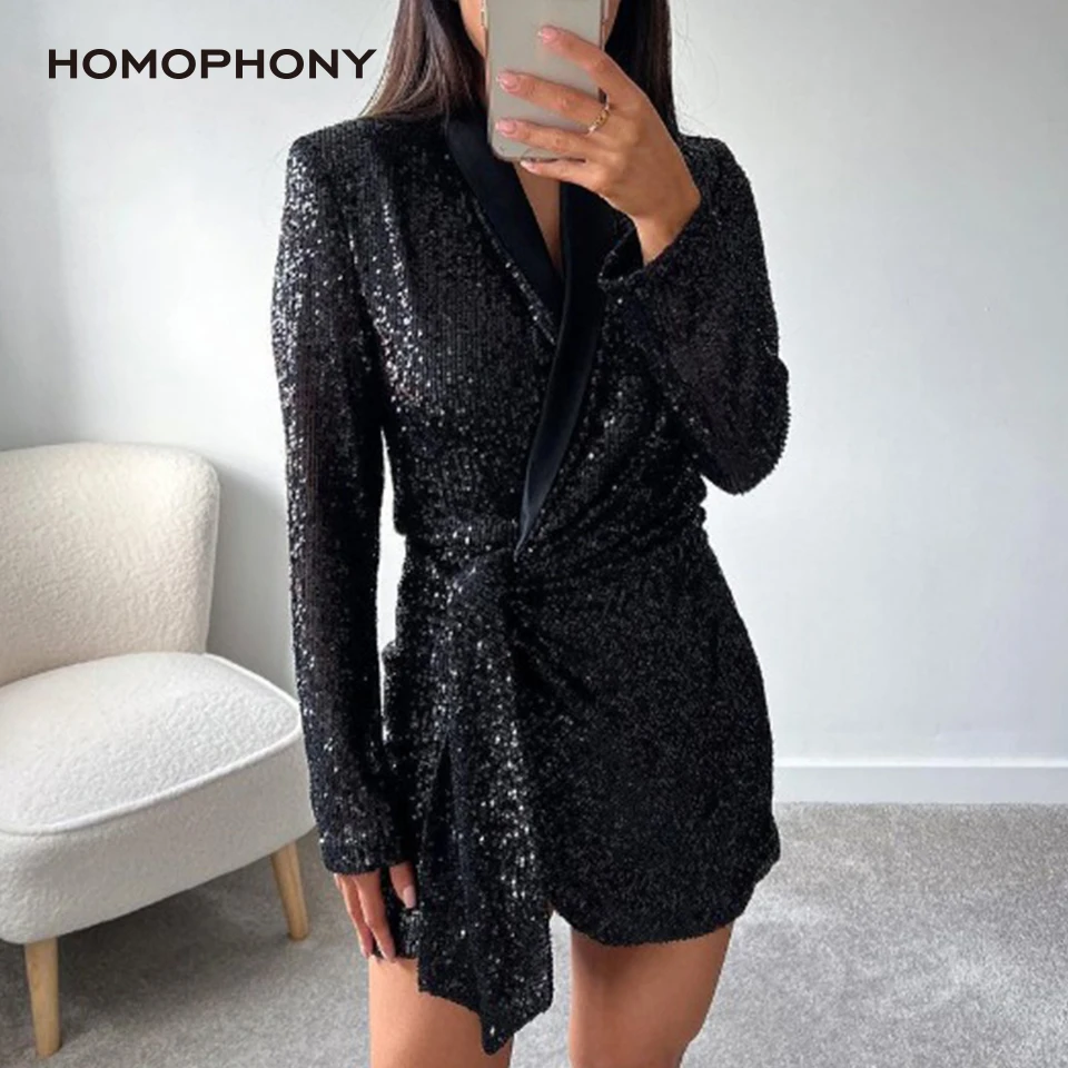 

Осеннее женское платье Homophony 2021, элегантное платье-мини с завязками и блестками, офисное шикарное вечернее платье с длинным рукавом