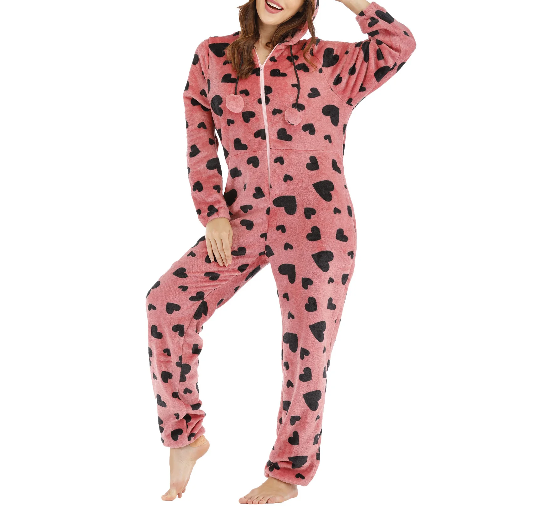 

Lovely Winter Pyjamas Women Onesies Sweet Heart Print Flannel Jumpsuits Sleepwear Overall Hooded Pajamas Onesie For Women Adult