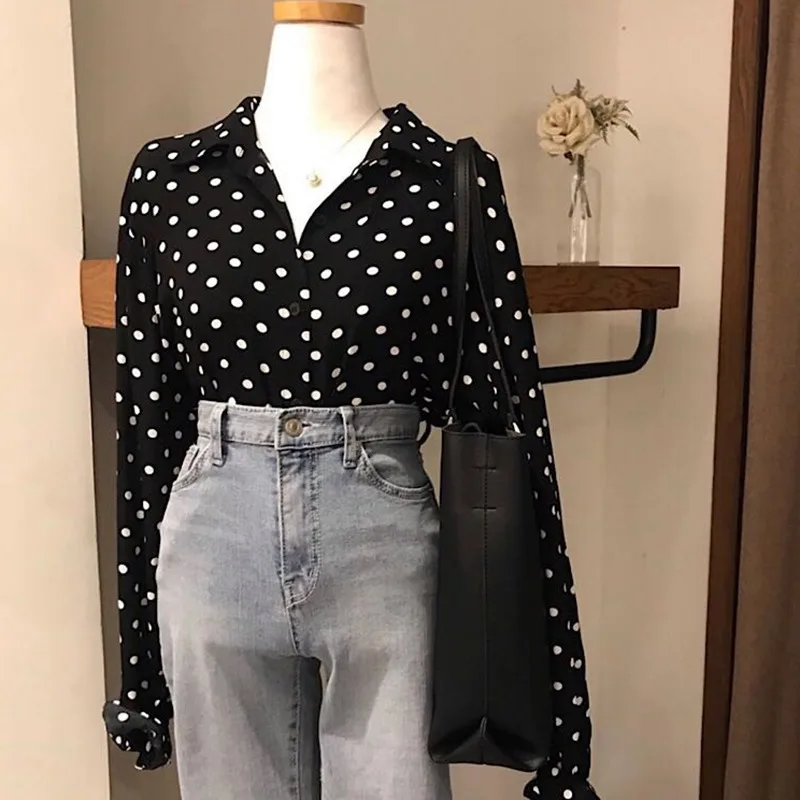 

Autumn New Black Dot Pattern Women Chiffon Shirt Korean Style Fahion Chic Lapel Long Sleeve Thin Blouse