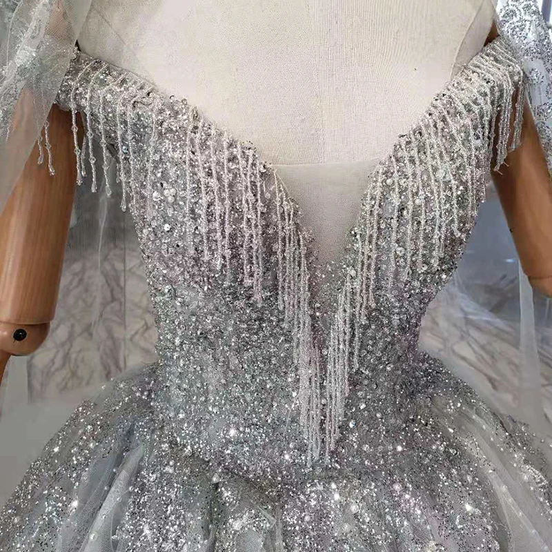 HTL819G A-line evening dresses long for women v-neck off shoulder tassel crystal grey evening gown with veil abiye gece elbisesi