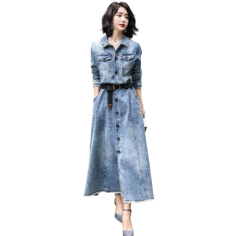 

Женское однобортное джинсовое платье до щиколотки, длинное винтажное офисное облегающее платье с поясом и длинным рукавом, весна-осень