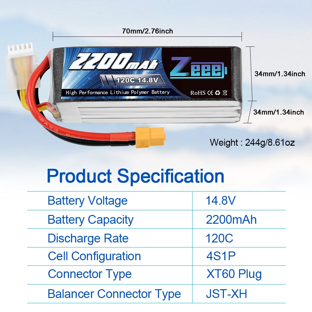 2 блока zeee 148 v 120c 2200mah 4s lipo батарея с разъе